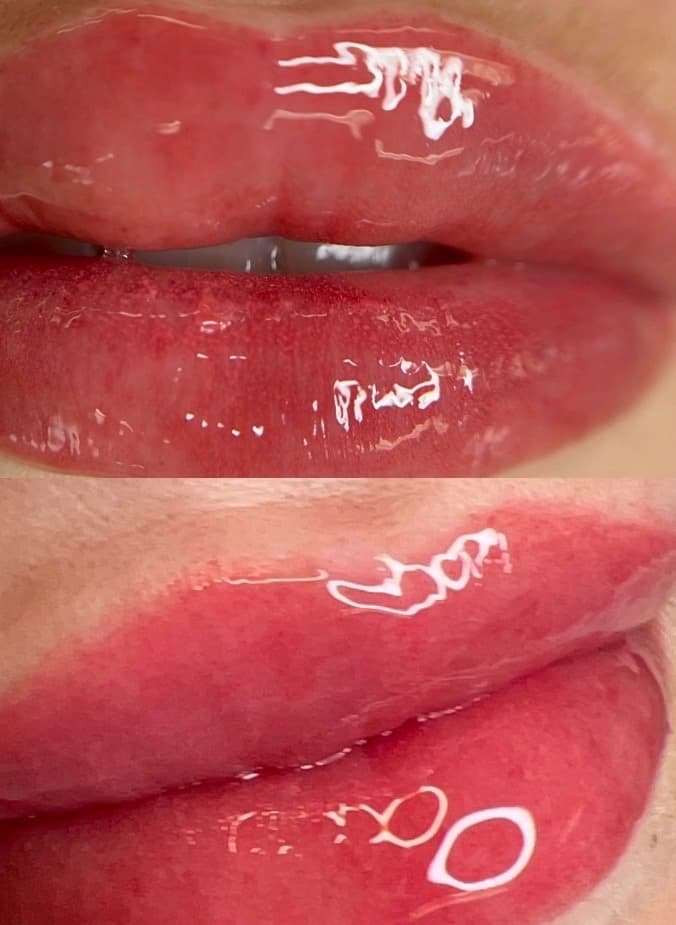 Freshly done lip blush with a natural rose tone